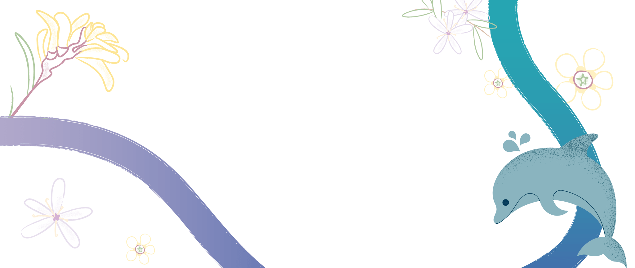 Decorative banner featuring an illustrated dolphin amidst fluid, vibrant brushstrokes and outlined native flora.