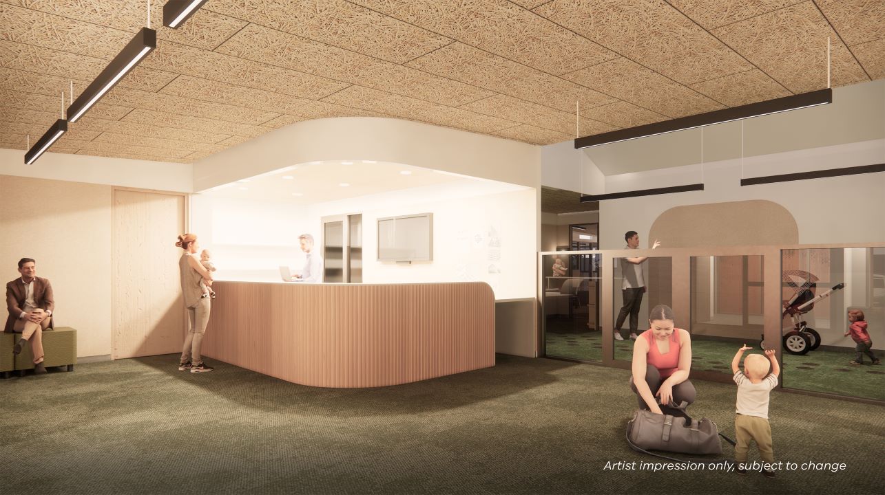 An architectural render showing the reception area of the centre.